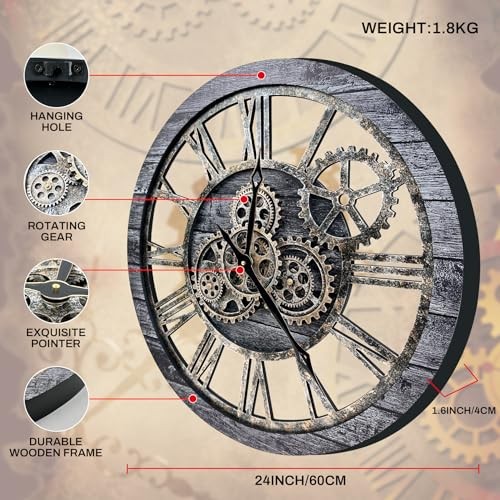 The B-Style Large Wall Clock 24 inch Moving Gear 36 inch (90 cm