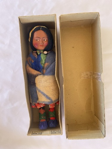 Native American Skookum Doll In Trade Blanket Beaded Seed Necklace