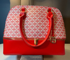 Iman red/white 15" domed stacked purse Global Chic logo print satchel Unused