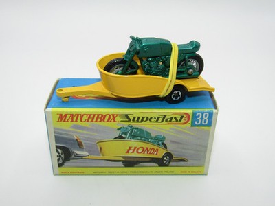Matchbox Superfast 38A Honda Motorrad mit Anhänger GELB ohne Etiketten grün Bike