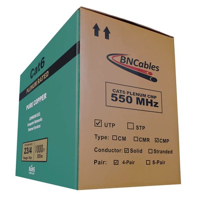BN Cat6 Plenum 100% Solid Pure Copper UTP 550MHz 23 AWG Cable 1000ft in 8 colors