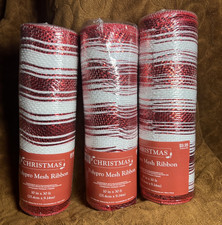 Lot of 3 Christmas Polypro Mesh Ribbon 10x30 ft RED/WHITE Sparkly Stripe