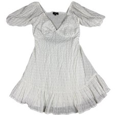 Lulus Mini Dress Womens S White Smocked Puff Sleeve Ruffle Textured V-Neck