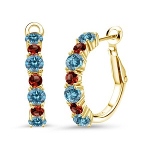 Authentic 18K Yellow Gold Plated Silver Blue Lab Grown Diamond and Garnet Hoop Earrings