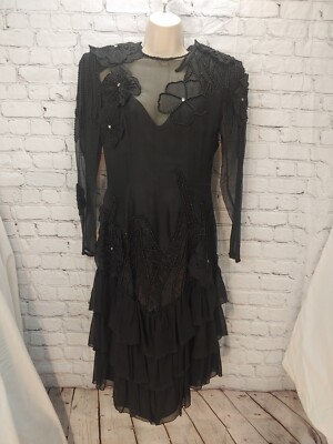 Black Tie VINTAGE Women's Size 8 Black Silk & Chiffon with Appliques Maxi  Dress | eBay