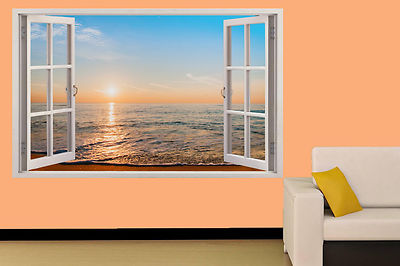 SONNENUNTERGANG AM STRAND RUHIGES MEER 3D FENSTER WANDAUFKLEBER ZIMMER DEKO AUFKLEBER WANDBILD