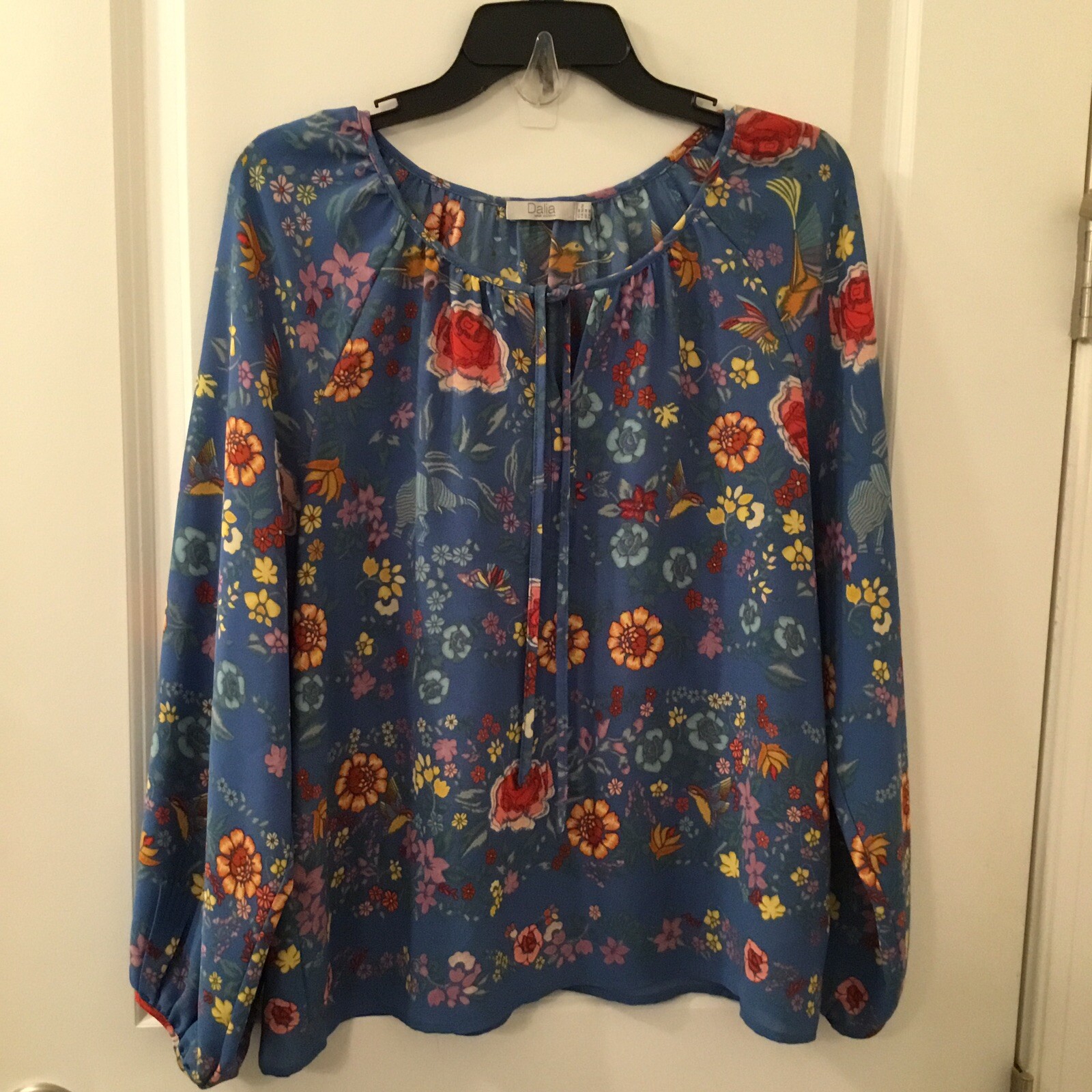 Dalia womens blue floral peasant chiffon boho long sleeve blouse top ...