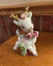Vtg Napco Christmas Deer Doe Bow Tie Porcelain Gold Antlers