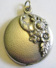 Antique Art Nouveau French Silver Repousse Cornucopia Flower Locket Pendant