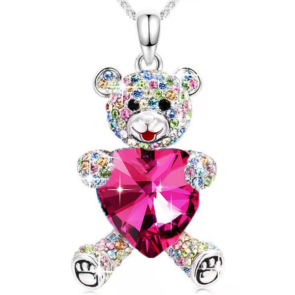 925 Sterling Silver I Love you Heart Pink Rhinestone Teddy Bear
