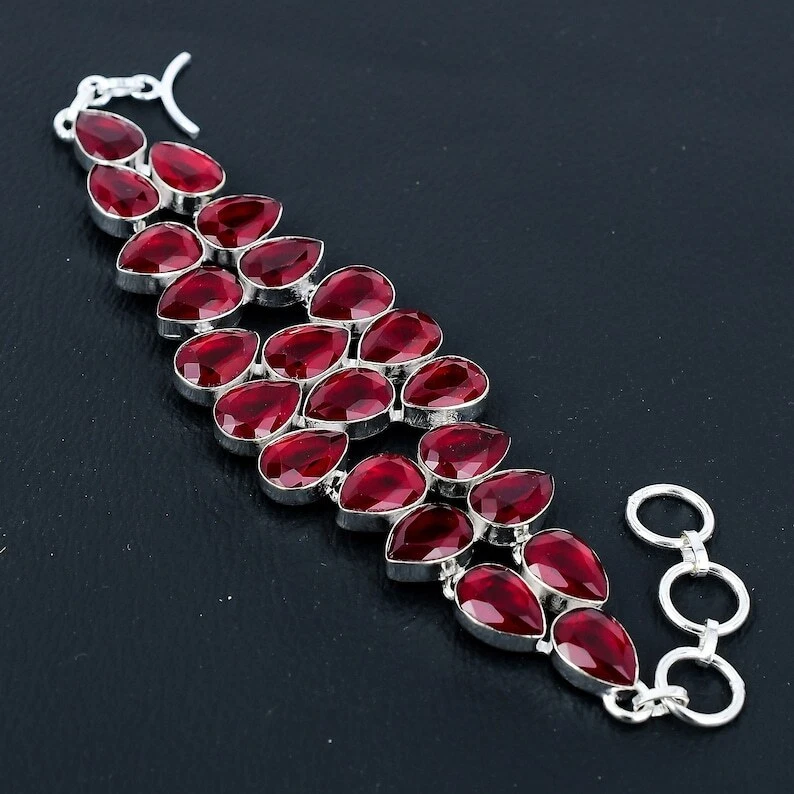 Red Ruby Bracelet 925 Sterling Silver Bracelet Lab Created Gemstone Bracelet - Image 3 of 3