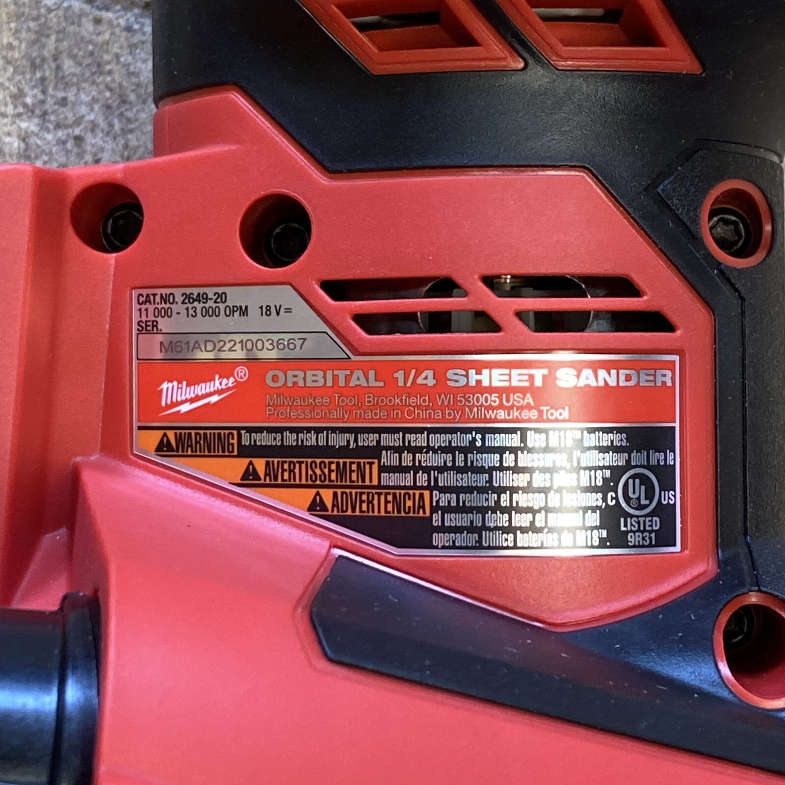 New Milwaukee 264920 M18 Cordless Orbital 1/4 Sheet Sander Open Box