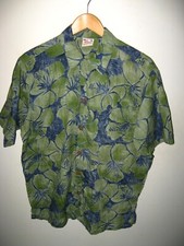 Go Barefoot USA Vintage Aloha Shirt Large - Hawaiian Tiki Blue Green Cotton Camp