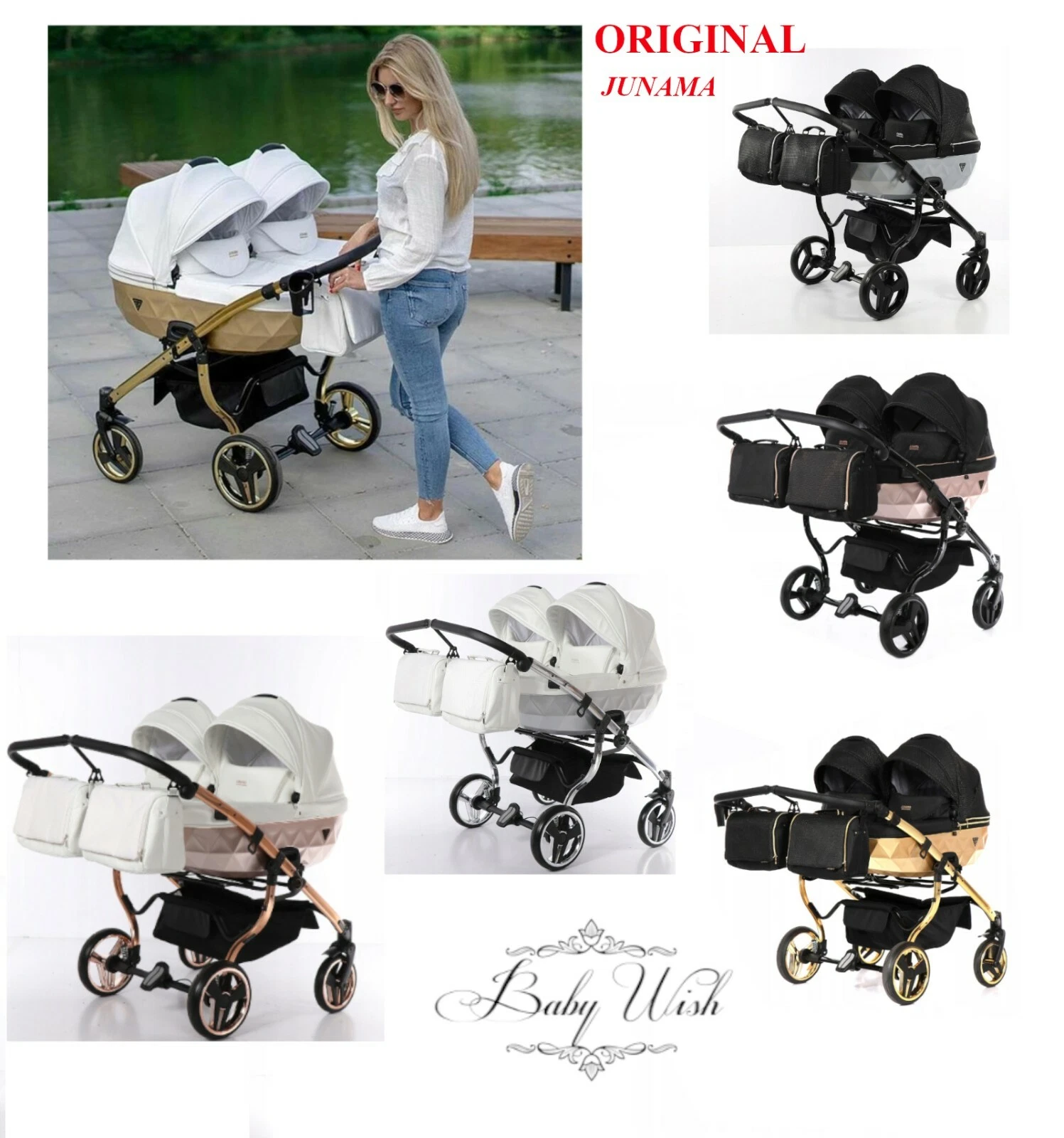 JUNAMA MIRROR SATIN DUO BABY KIDS STROLLER PUSHCHAIR + CAR SEAT TWIN PRAM 3in1