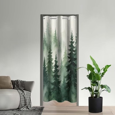 Misty Forest Door Curtain for Doorway, Fog Smokey Misty Forest Woodland Spruce