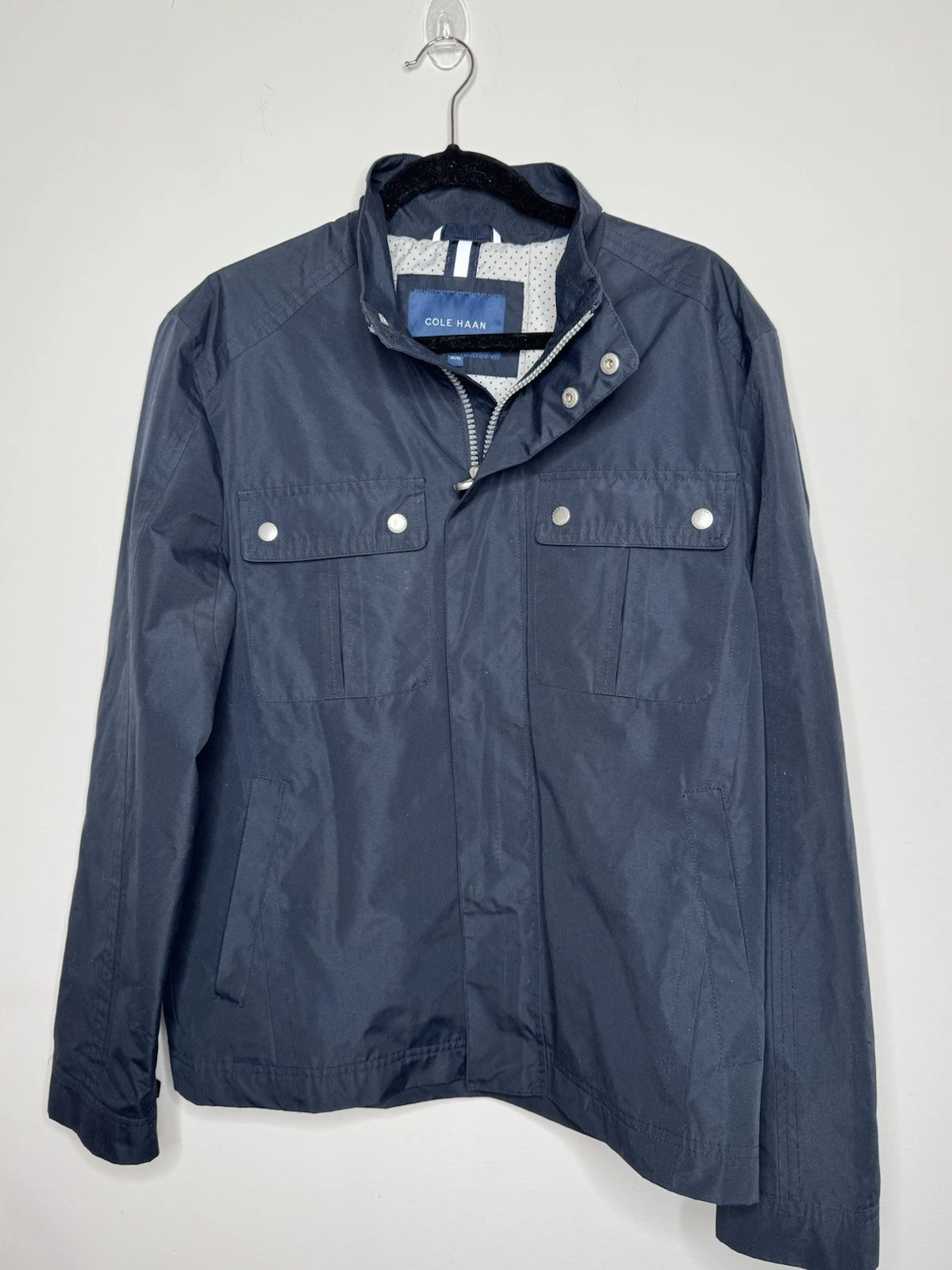 Cole Haan Trucker Jacket Medium Full Zip Navy Canvas Spring Rain $250 MSRP