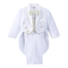 Baby Boys Classic Tuxedo White Suit 5 Pcs Set Formal Dress Wear Wedding Outfi...