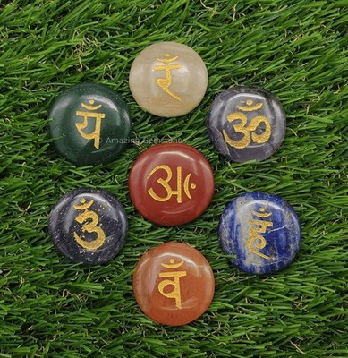 Amazing Gemstone 7 Chakra Disc Set Reiki 7 (Om Symbol)