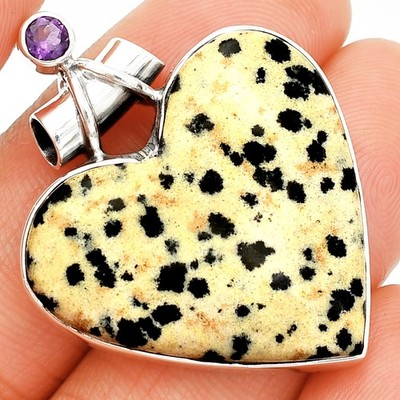 Heart - Natural Dalmatian & Amethyst 925 Sterling Silver Pendant Jewelry P-1159