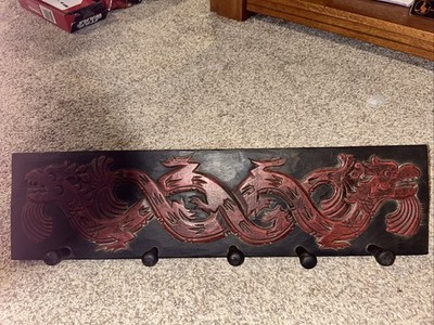 Vintage Mystical Wood Carved  Double Dragon Coat Hanger Key Hanger 22'' x 6''