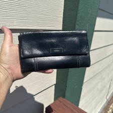 Vintage Fossil, Women's, Black Leather Trifold Wallet, Organizer, approx 5" x 4"