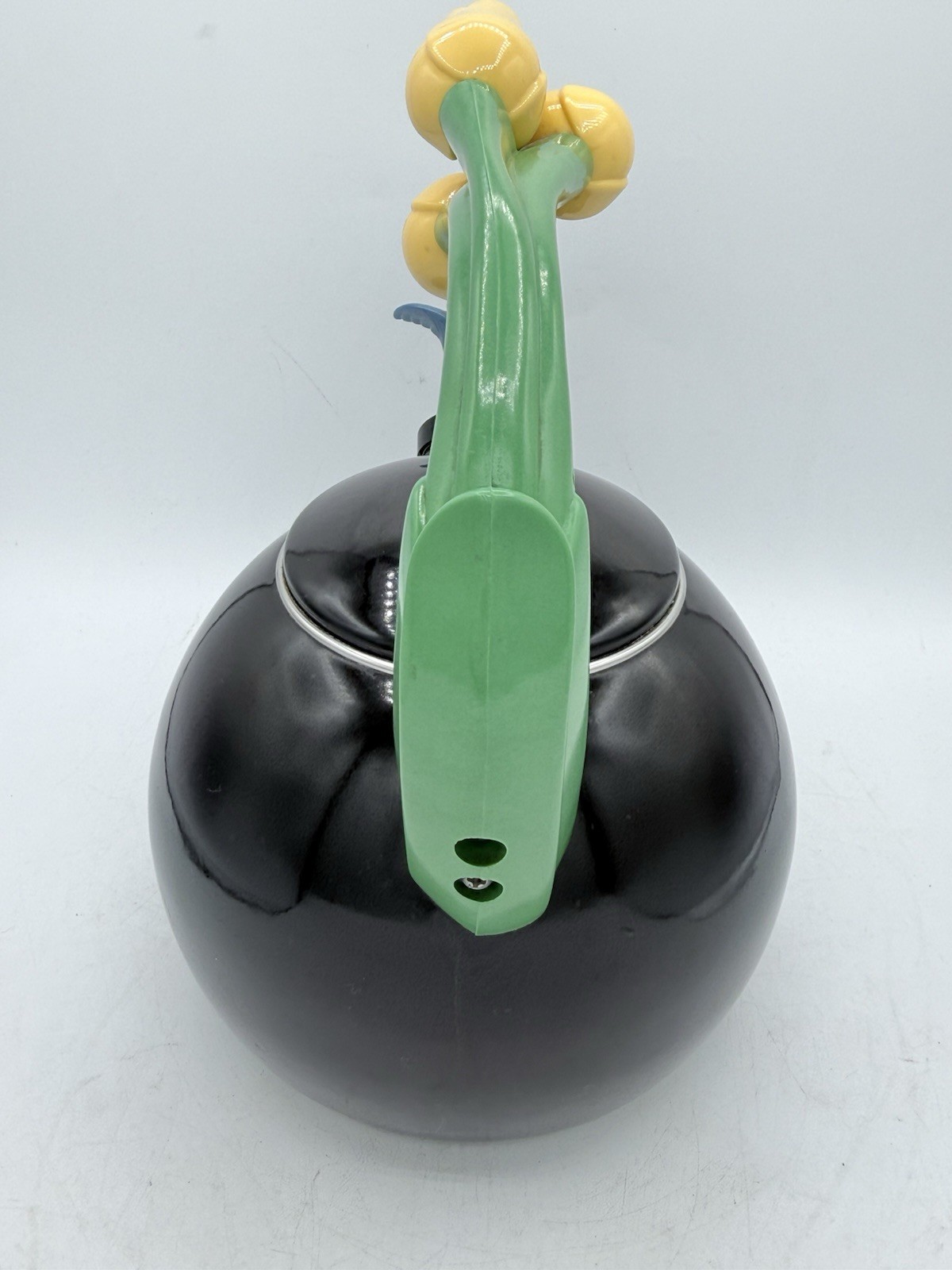 Vintage Ancona RARE Black Enamel Whistling Tea Kettle Tulip & Hummingbird 90s