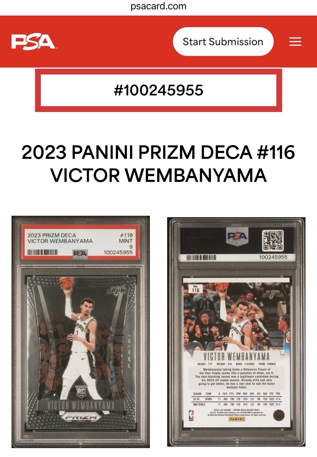 2023-24 Prizm Deca #116 Victor Wembanyama Rookie Card RC PSA 9 MINT view 4