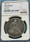 1869 Seated Liberty Dollar NGC Certified Fine Details Graffiti