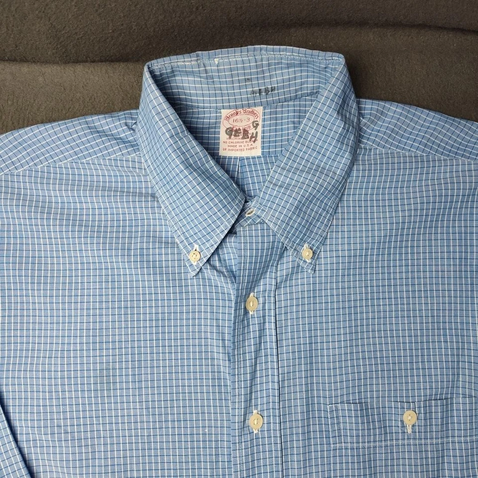 Brooks Brothers Shirt Mens 16.5 Blue Check Plaid Button Down Collar Made in USA - Image 3 of 4