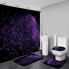 4 Pcs Purple Rose Shower Curtain Sets with Rugs Black Bathroom Sets with Show...