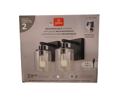 Globe Rechargeable Glass Wall Sconce 2Pk Black Wireless Removable Battery