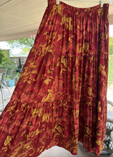 Vintage Red Pink Gold Boho Floral Print Broomstick Maxi Skirt One Size Made USA