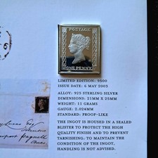 Royal Mail Penny Black Stamp Sterling Silver Ingot Bar 9500 Mintage Rare