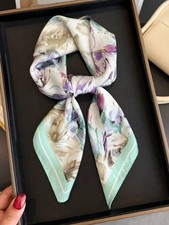 Silky Scarf Women Aqua Blue Large Floral Kerchief Square Bandana Wrap 68 68cm