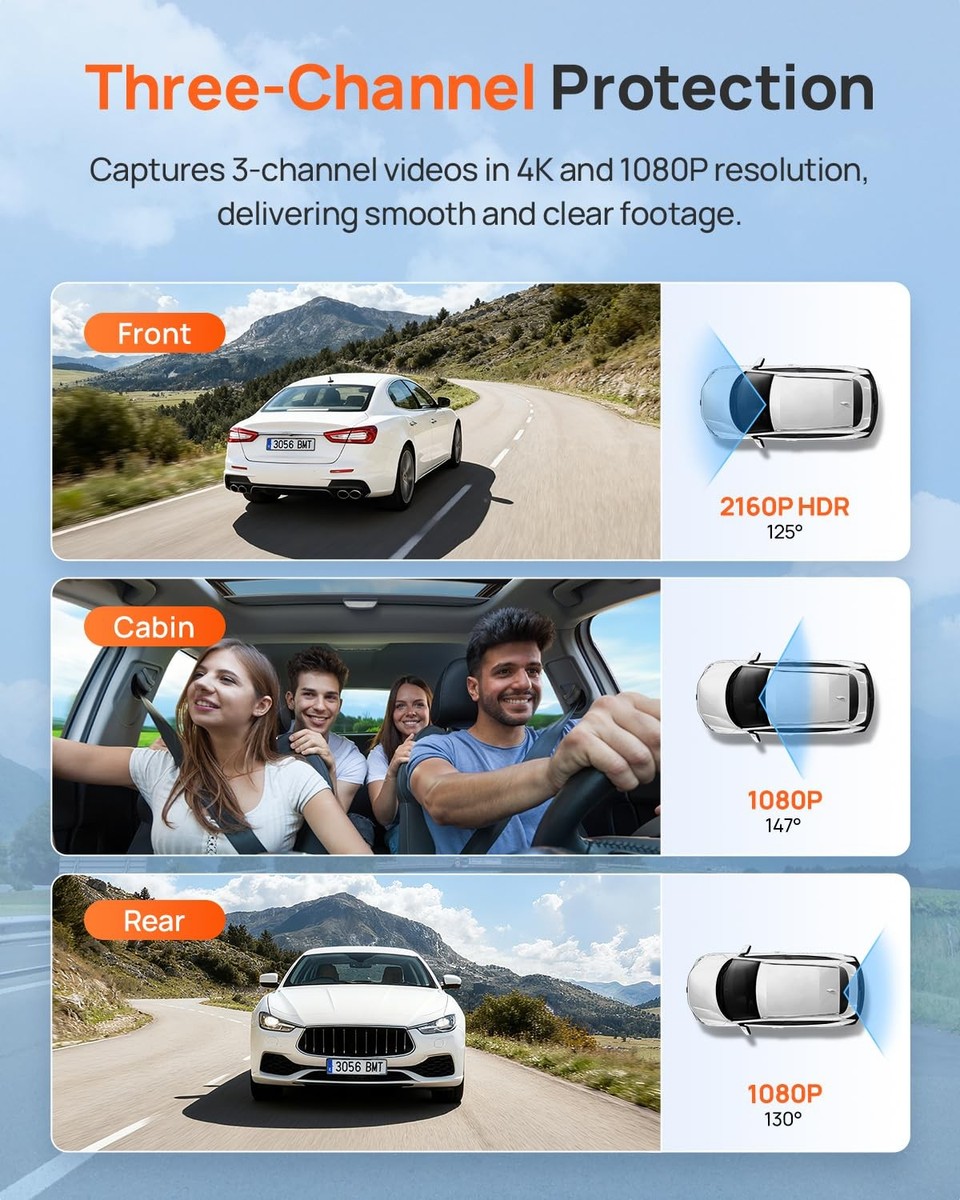70mai 4K Dash Cam Front and Rear Inside, 3 Channel Car T800E-RC21