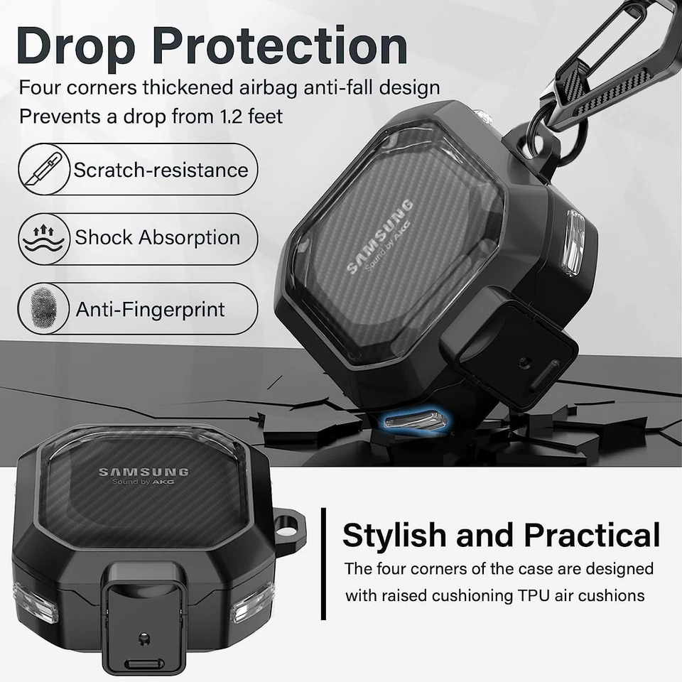 Funda de fibra de carbono transparente con bloqueo para Samsung Galaxy Buds FE Pro Live + llavero Foto 4 de 4