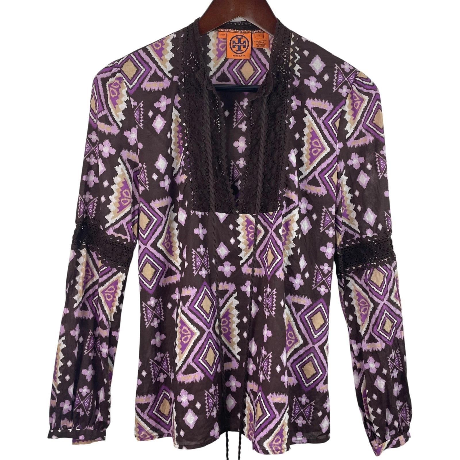 Tory Burch taglia 6 viola stampa marrone uncinetto pizzo caftano cravatta davanti top resort