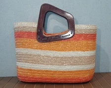 Sun N' Sand Multi-Color Orange Wicker Basket Bag with Brown Wood Handles