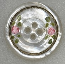 Vintage Engraved Mother Of Pearl Button Enamel Flowers