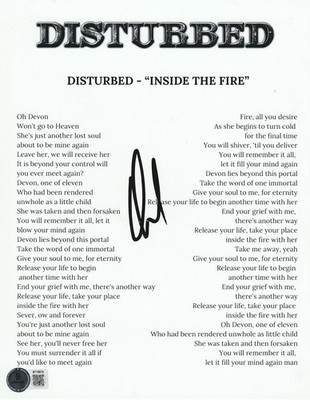 DAVID DRAIMAN SIGNED DISTURBED INSIDE THE FIRE LYRIC SHEET - BECKETT COA