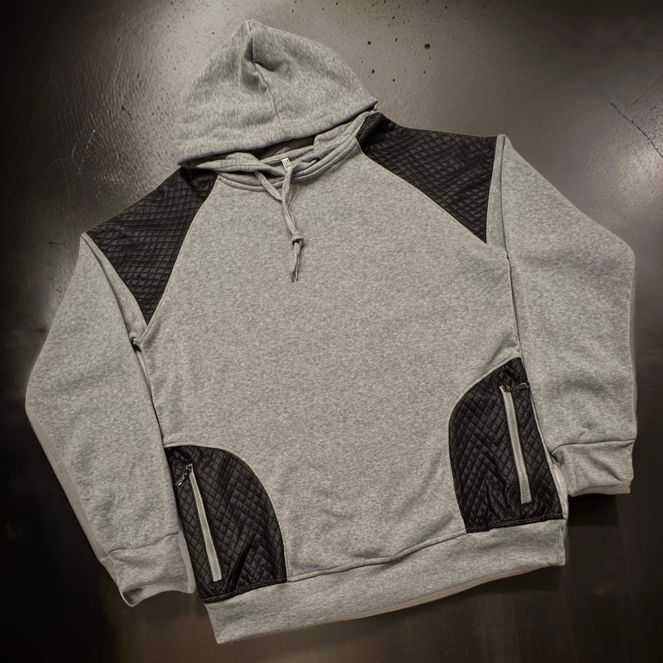 *TRUE ROCK* (GREY-BLACK P.U.) PULLOVER HOODIE (FRONT VERTICAL ZIPS) - Image 4 of 4