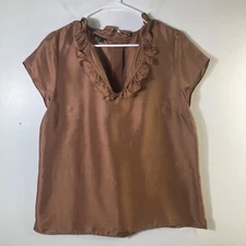 Womens Talbots Slub Silk Ruffle V Neck Blouse Back Button Cap Sleeve 12 Brown