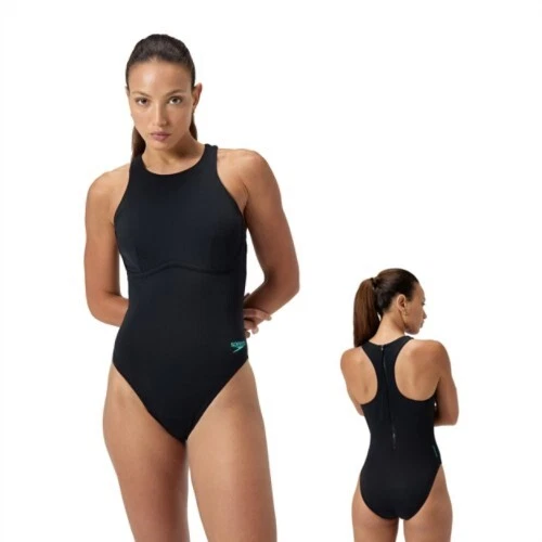 Speedo Badeanzug mit Bustier hoher Rücken Damen Racerback Reißverschluss schwarz