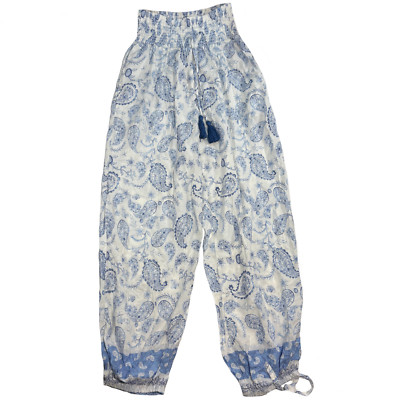 Surf Gypsy Festival Pant Blue Paisley Summer Beach Pool Drawstring Pocket Pant L