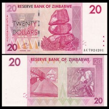 Zimbabwe 20 Dollars Banknote 2007 Uncirculated UNC  P-68