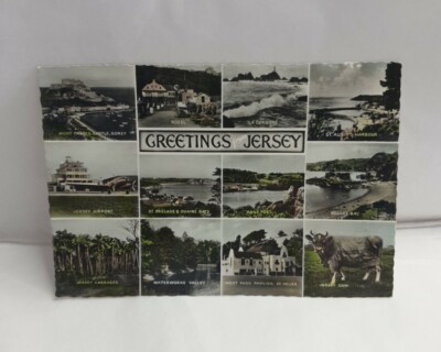 Vintage Postkarte mehrere Ansichten Jersey Rozel, St. Aubins, Flughafen, Kuh usw. 