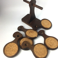 Vintage Brown 6 Wood and Cork Drink Coasters with Stand for Hanging