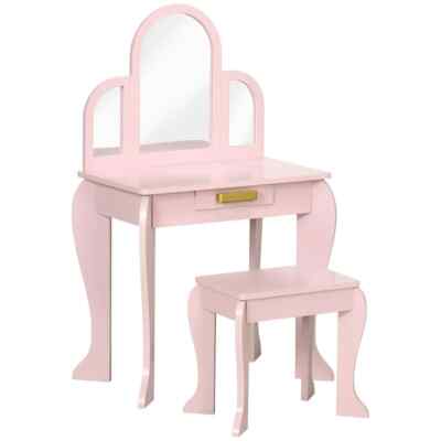 Kinder Schminktisch und Hocker mit Spiegel und Schublade, für 3-6 Jahre - Rosa