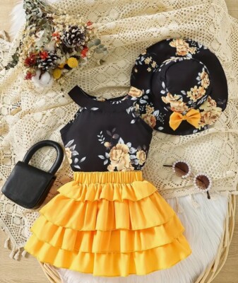 Floral Pattern Halter Neck Top & Hat & Tutu Skirt, Baby Girl's Size 2/3 year