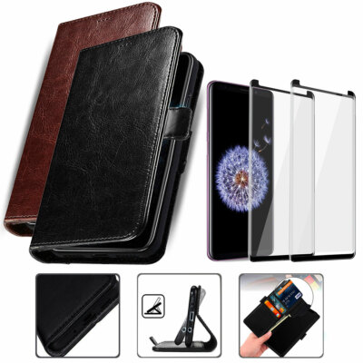 For Samsung Galaxy S8/S9/S10+ S22 Ultra Case Wallet Leather Cover Tempered Glass